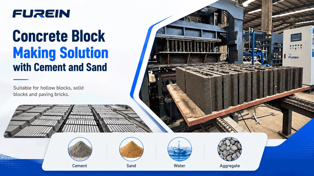 Concrete block making machine solution using cement and sand for producing hollow blocks, solid blocks, and paving bricks